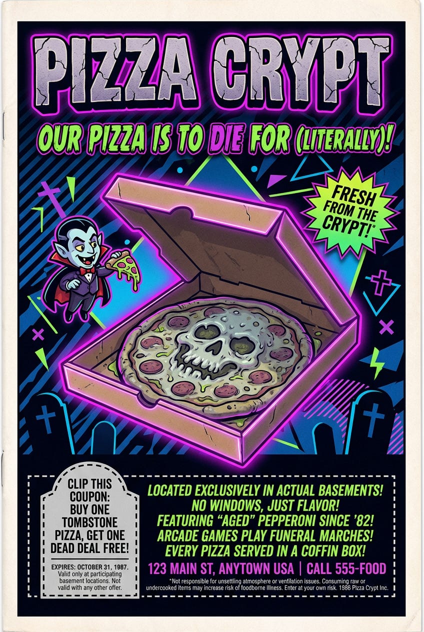 Create a detailed authentic-looking 1980s magazine print advertisement for a fake restaurant called Pizza CryptVISUAL STYLE Classic 80s magazine ad aesthetic with bright colors geometric shapes bold typography and retro design elements from _image_1