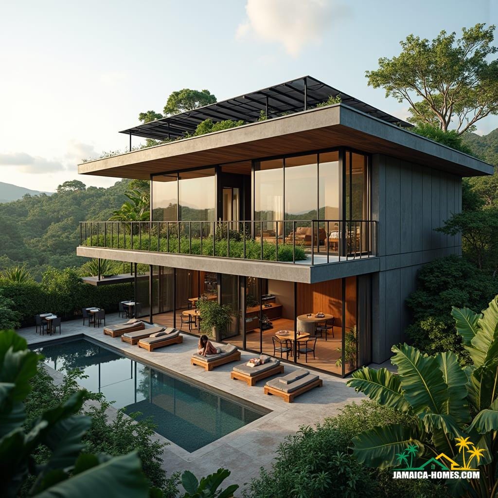 Sleek, modern co-living building in New Kingston, Jamaica, with young professionals lounging in shared workspaces and relaxing on lush green rooftops. Minimalist design elements, such as floor-to-ceiling windows, industrial-chic accents, and reclaimed wood, blend seamlessly with cutting-edge smart home features and sustainable materials. Solar panels adorn the rooftop, while flexible living spaces foster a sense of community among residents.