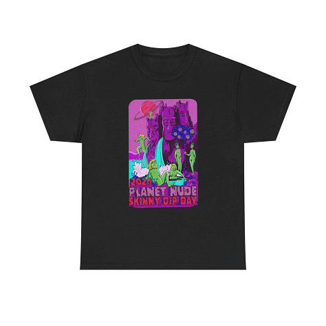 The merch lineup for Skinny Dip Day 2026, featuring Zaftig Pink's original artwork: a psychedelic purple-and-green scene of antennaed alien figures skinny dipp…The merch lineup for Skinny Dip Day 2026, featuring Zaftig Pink's original artwork: a psychedelic purple-and-green scene of antennaed alien figures skinny dipping in turquoise waters beneath towering carved stone faces, a ringed pink planet, and a tree bearing planet-shaped fruit, with the text "2026 Planet Nude Skinny Dip Day." Top row, left to right: a white jersey tank top and a white cotton t-shirt, both showing the full vertical poster design on the chest, and a stainless steel water bottle wrapping the art around its body. Bottom row: a white ceramic mug and a vinyl sticker, both displaying a horizontal crop of the design centered on the soaking figures and bold title lettering.