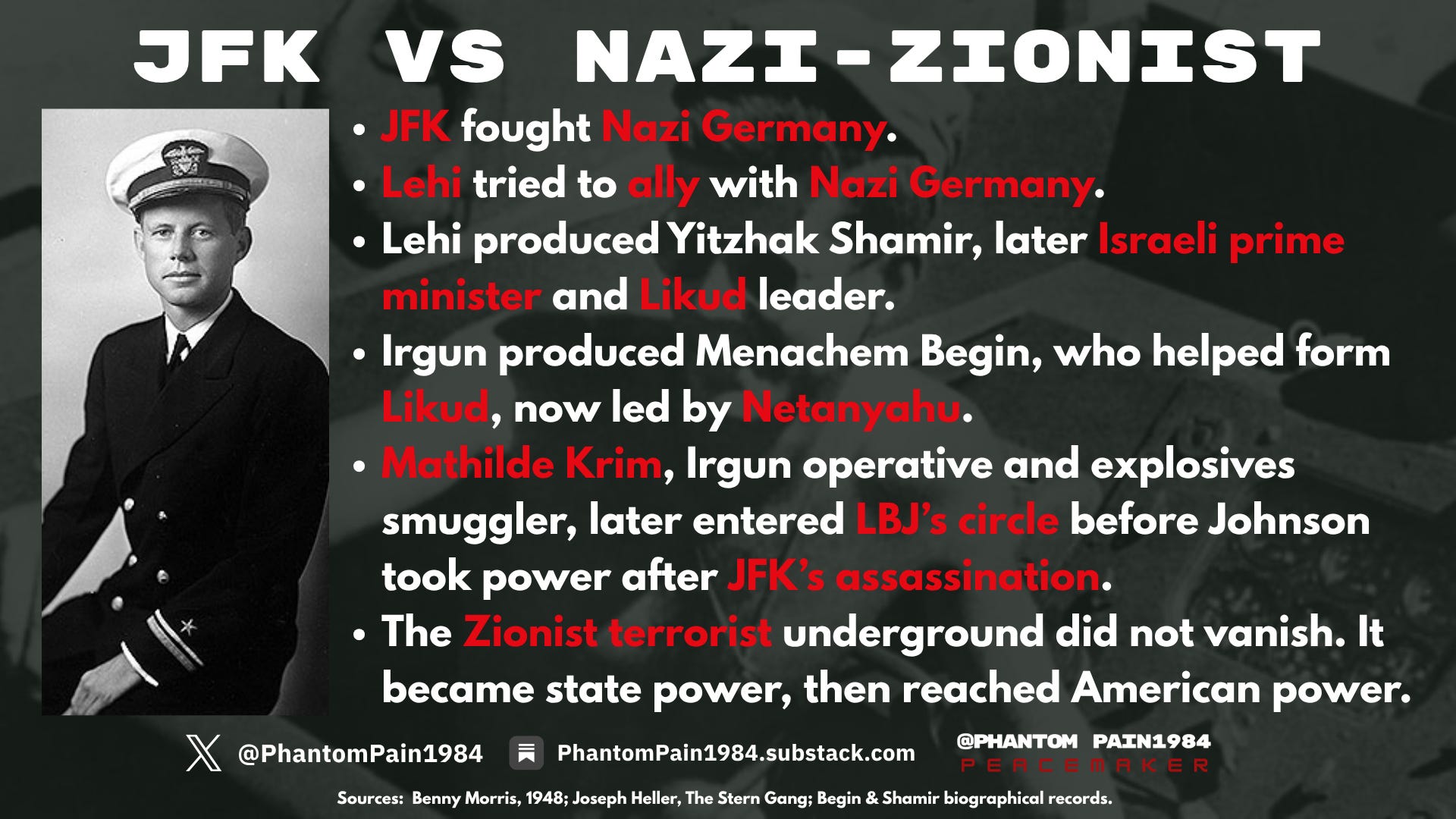 JFK fought Nazi Germany. Lehi tried to ally with it. Irgun and Lehi fed into the Likud lineage now led by Netanyahu — while Mathilde Krim carried the underground current into LBJ’s circle.