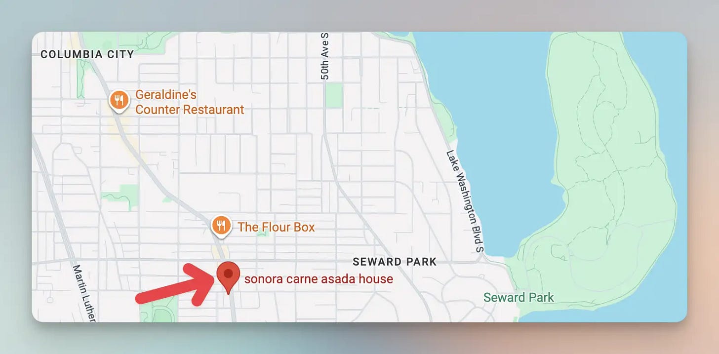 Map showing Sonora close to The Flour Box in Hillman City, just south of Columbia City.