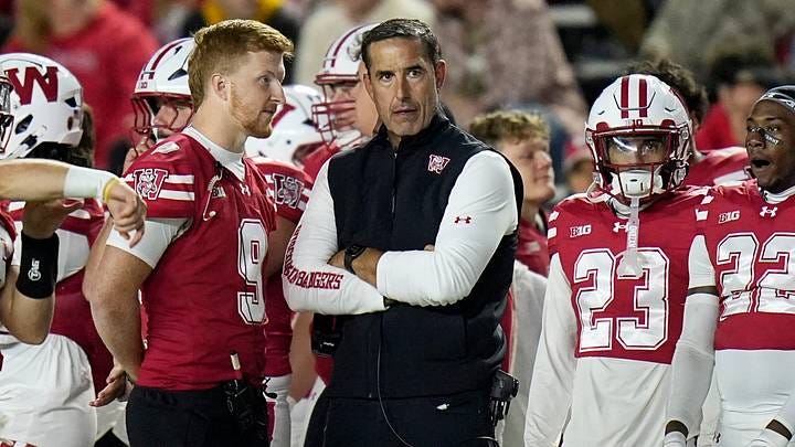 Wisconsin Badgers head coach Luke Fickell is seen on the sideline during a game against the Iowa Hawkeyes Wisconsin Badgers head coach Luke Fickell is seen on the sideline during a game against the Iowa Hawkeyes