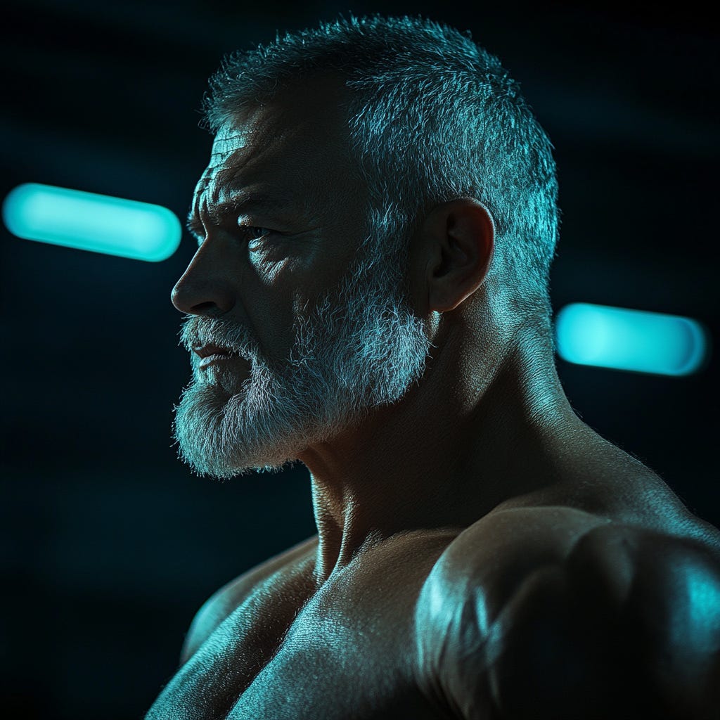 Massive, muscular older man training in a dark gym Massive, muscular older man training in a dark gym