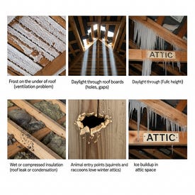 "Common signs of attic damage including roof ventilation problems, insulation condensation, daylight through roof holes, animal entry points for squirrels or raccoons, and attic ice buildup."