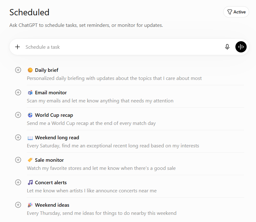 ChatGPT's Scheduled tasks panel showing 8 active automated tasks including Daily brief, Email monitor, World Cup recap, Weekend long read, Sale monitor, Concert alerts, and Weekend ideas, with a Schedule a task button at the top.