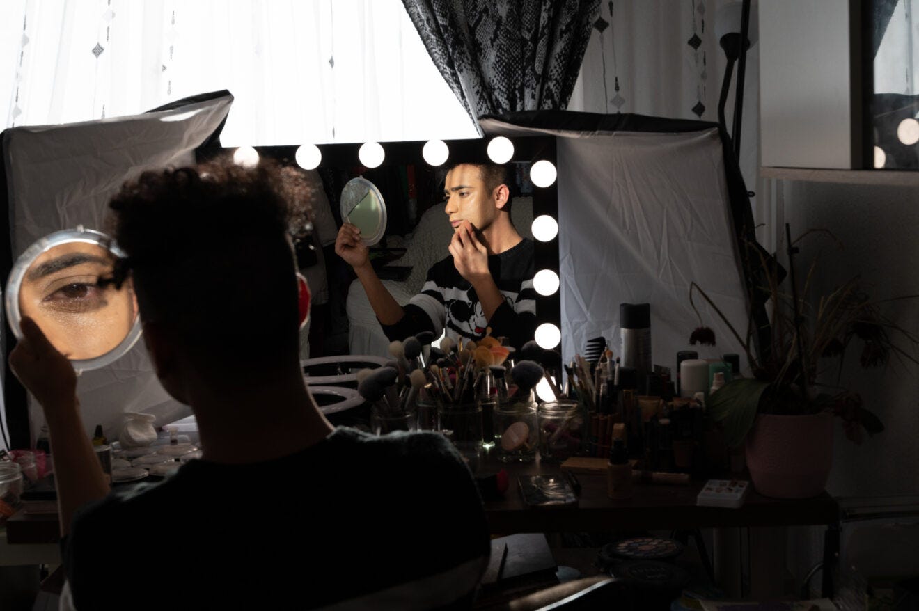  Najiba, Najib's alter ego, preparing for a performance at an LGBTQ celebration in Hamburg, Germany.