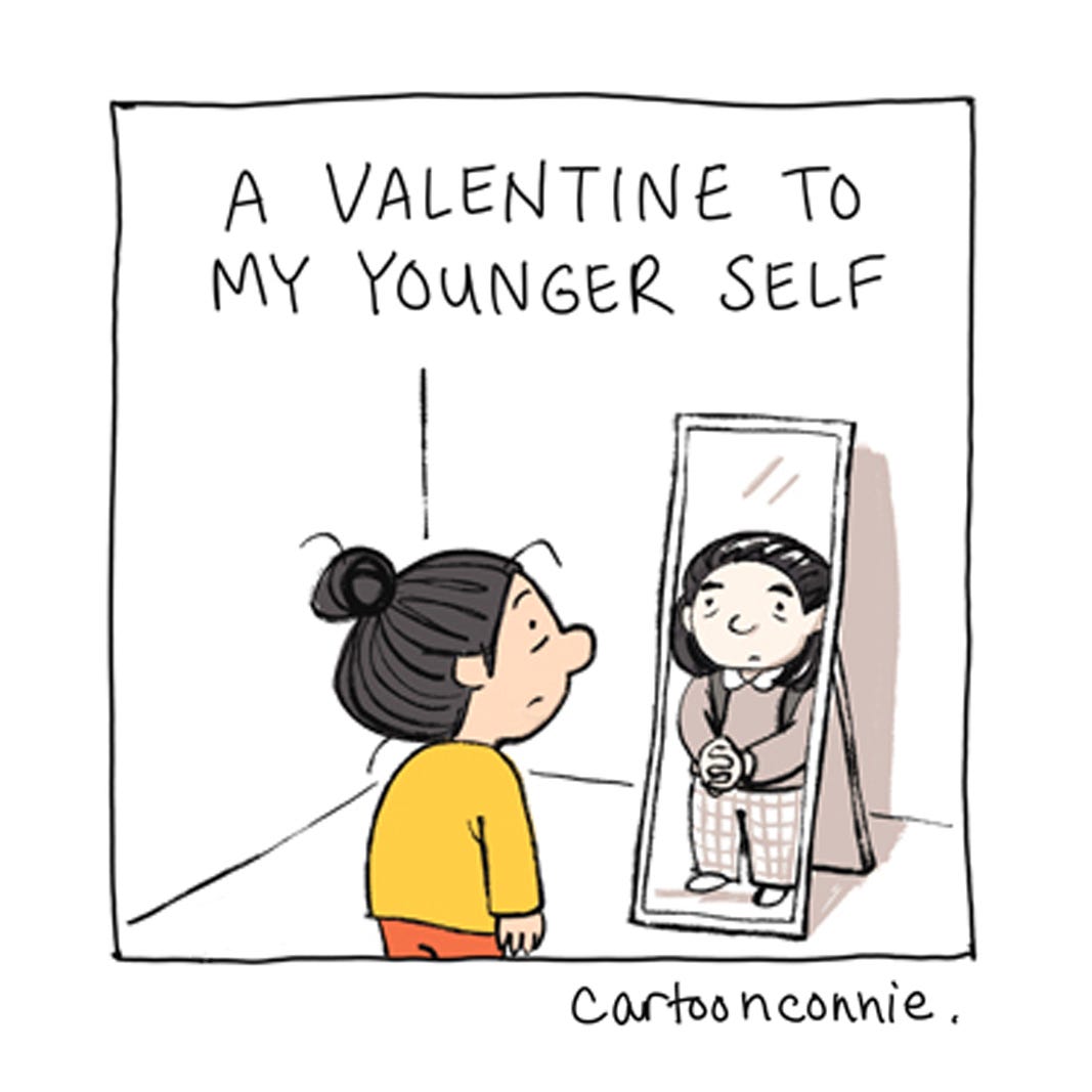 Title illustration from a 6-panel comic strip about forgiving yourself and loving yourself, titled "A Valentine To My Younger Self." Original art by Connie Sun, cartoonconnie, 2026.
