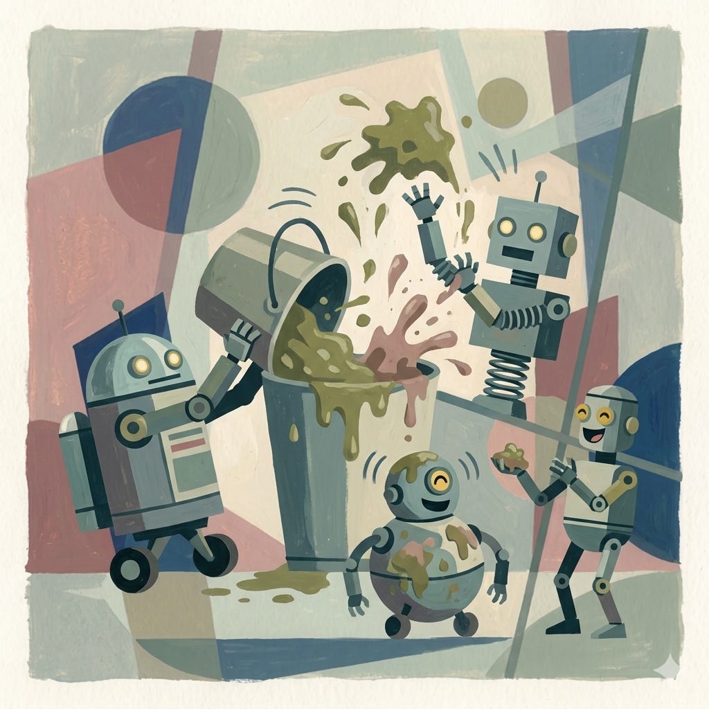A group of robots gleefully playing with a bucket of slop. A group of robots gleefully playing with a bucket of slop.
