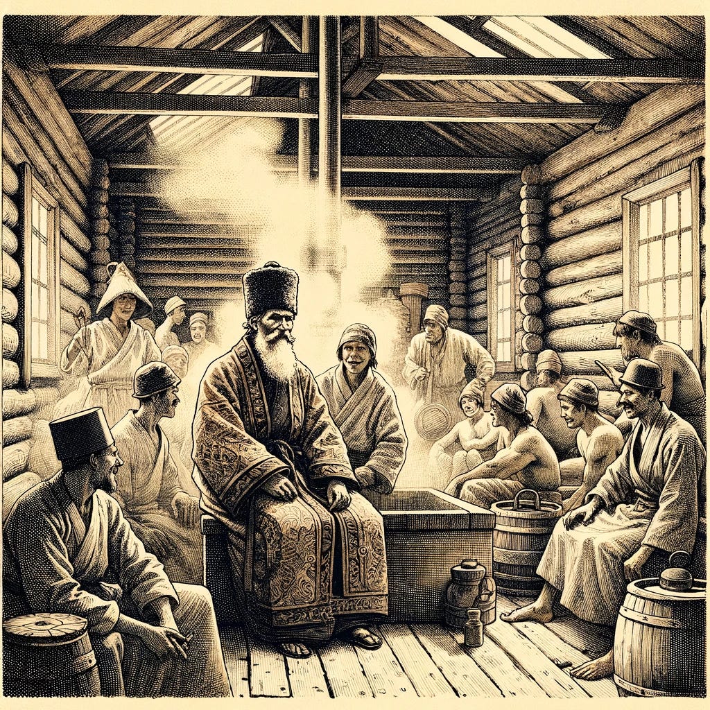An 1800s newspaper-style drawing depicting St. Nicholas of Japan at age 44 in a Russian banya within the St. Alexander Nevsky Lavra in St. Petersburg during the 1800s. The scene is a traditional bathhouse with wooden interiors, steam rising, and workers gathered in close quarters. St. Nicholas is dressed appropriately for the banya, sitting or standing among the workers engaged in free conversation. A Balkan man named Ivan is seen enthusiastically stoking the steam. The atmosphere is warm and rustic, capturing the historical setting with intricate linework.