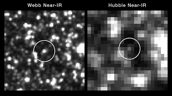 A comparison of near-infrared images of a Cepheid variable star in galaxy NGC 5584, captured by the James Webb Space Telescope (JWST) and the Hubble Space Telescope (HST). A comparison of near-infrared images of a Cepheid variable star in galaxy NGC 5584, captured by the James Webb Space Telescope (JWST) and the Hubble Space Telescope (HST).