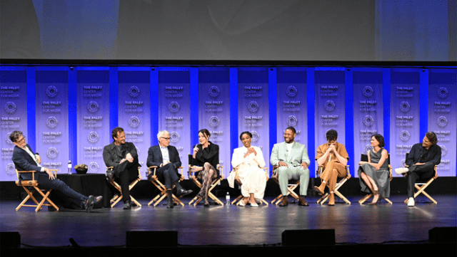 Bill Lawrence (co-creator/showrunner/executive producer), Jason Segel (co-creator/executive producer), Harrison Ford, Christa Miller, Jessica Williams, Luke Tennie, Michael Urie, Lukita Maxwell and Ted McGinley attend Apple TV’s “Shrinking” season three finale screening at PaleyFest LA at the Dolby Theatre on April 07, 2026 in Hollywood, California.