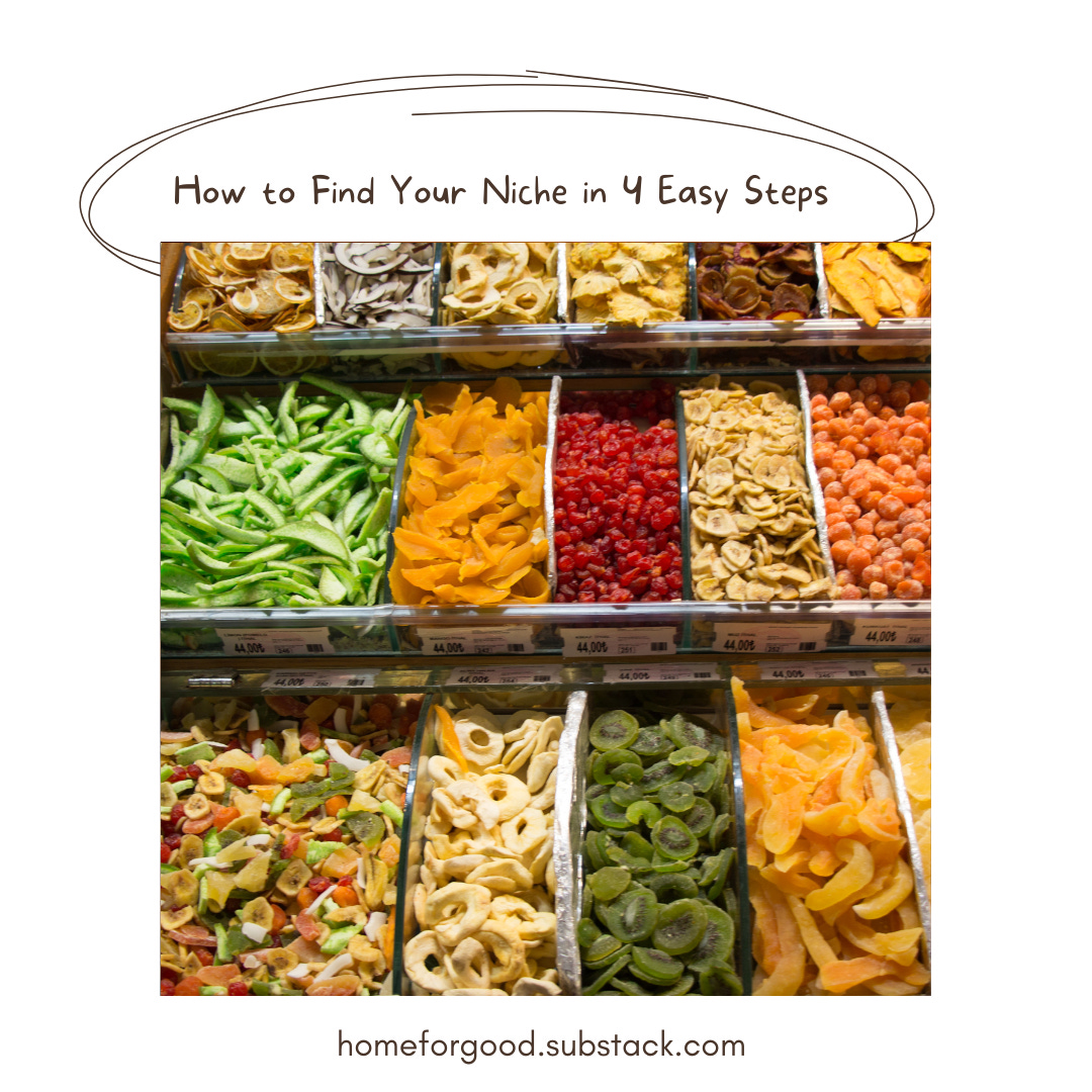 Photo of various dried fruits and vegetables in bins. Text reads "How to Find Your Niche in 4 Easy Steps"