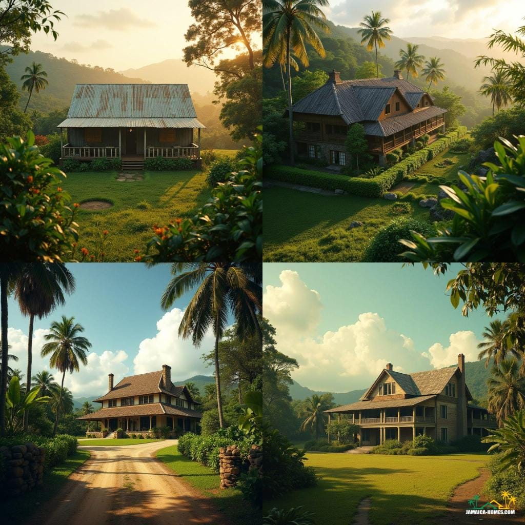 A majestic traditional Jamaican farmhouse, surrounded by lush greenery, situated on 2 acres of rolling hills and tropical landscape, bathed in warm, golden cinematic lighting, with a sense of depth and atmosphere.