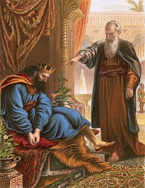 This may contain: an old painting of a man with a beard talking to another man