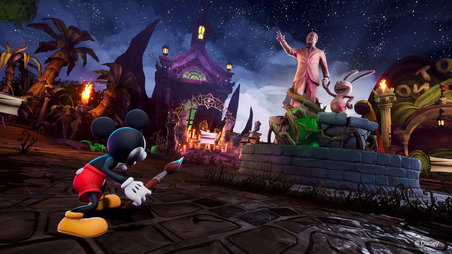 Mickey Mouse holding the Paintbrush. He faces a statue of Walt Disney and Oswald the Lucky Rabbit.