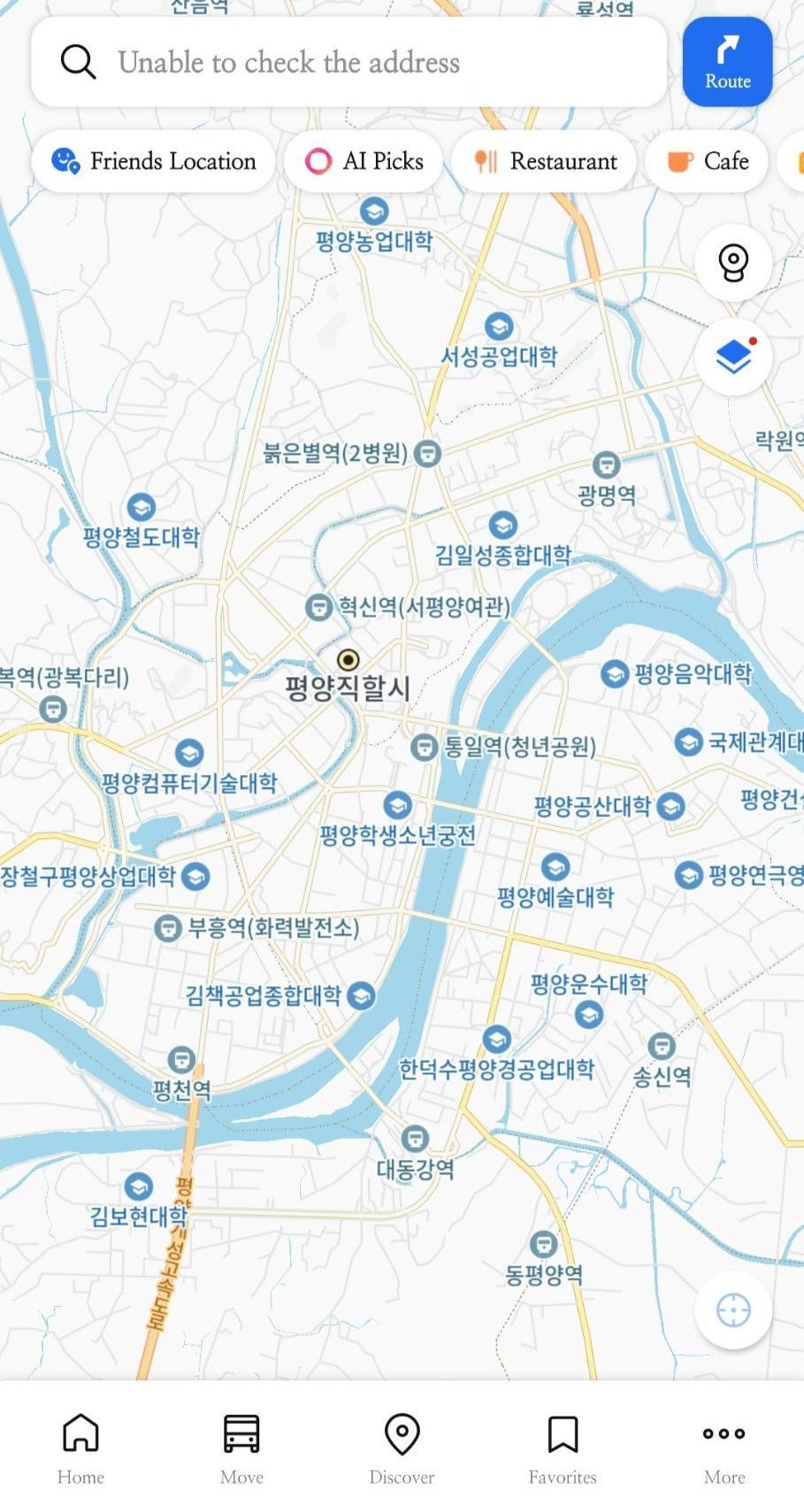 A screencapture of Kakao Map showing a detailed map of North Korea / Captured from Kakao Map