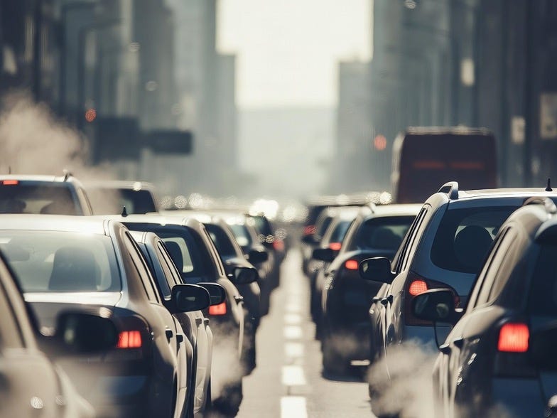 A photograph of a traffic jam on an urban street with cars emitting exhaust fumes. A photograph of a traffic jam on an urban street with cars emitting exhaust fumes.