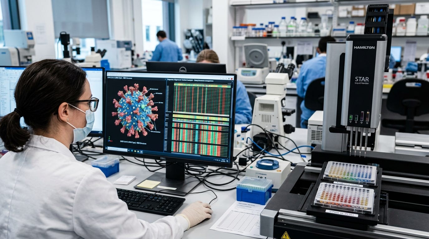  Ảnh chụp vĩ mô trong phòng thí nghiệm, một nhà khoa học nhìn màn hình hiển thị mô hình 3D của vi-rút và các chuỗi DNA, bên cạnh là cánh tay robot cầm khay thí nghiệm.