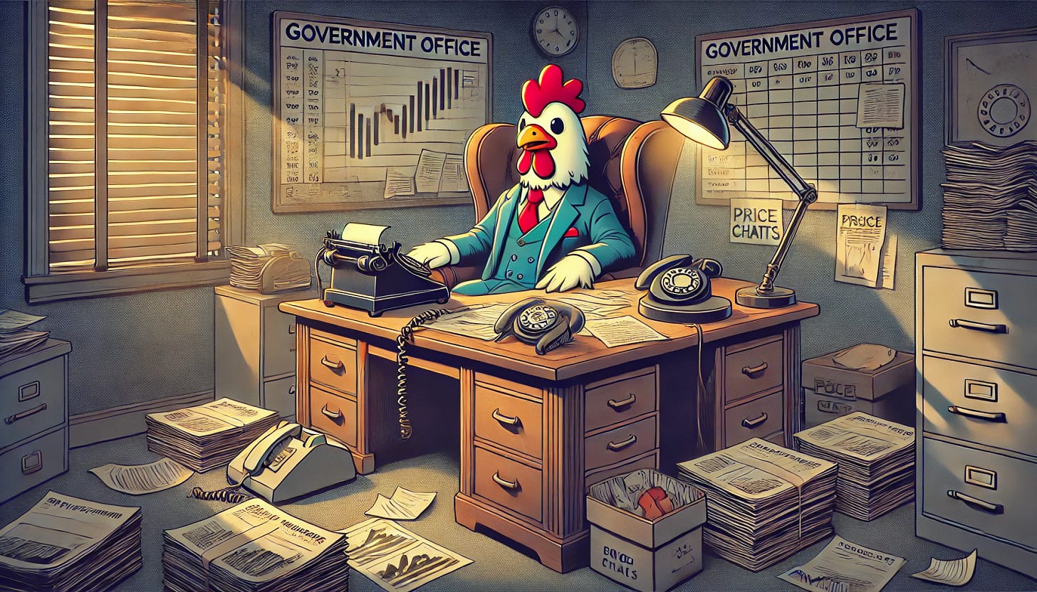 A cartoon-style illustration of a retro government office desk in a film noir setting. The desk is equipped with an old rotary phone and a vintage fax machine, surrounded by scattered stacks of paper displaying price charts. Sitting at the desk is a humanoid chicken, wearing a suit and tie for a comedic and surreal twist. The room is dimly lit with dramatic shadows, evoking a moody film noir atmosphere while maintaining a playful cartoon art style. The colors are slightly desaturated, with sharp contrasts and soft gradients to enhance the dramatic tone.