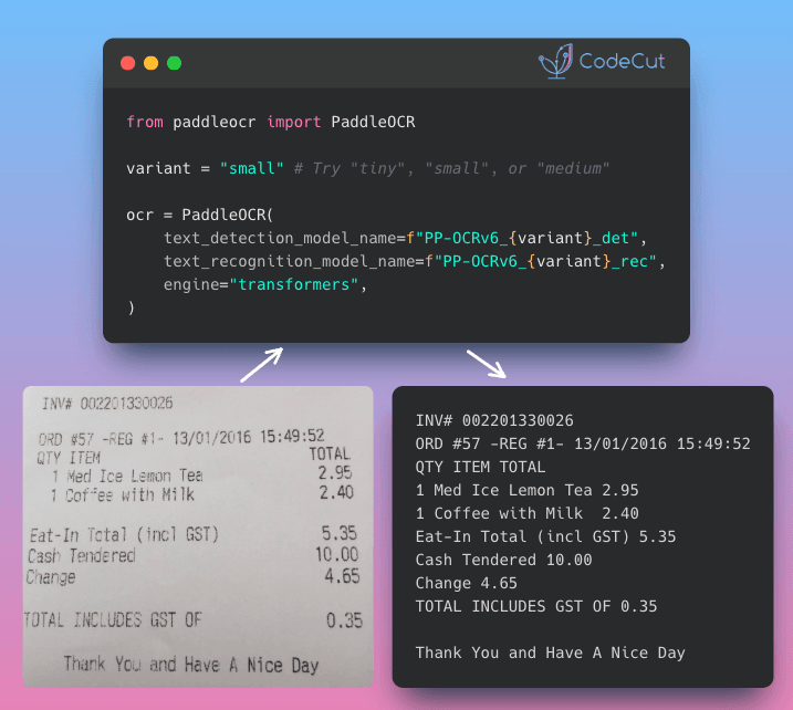 Code example: PP-OCRv6 - Extract Text from Receipts with Small OCR Models Code example: PP-OCRv6 - Extract Text from Receipts with Small OCR Models
