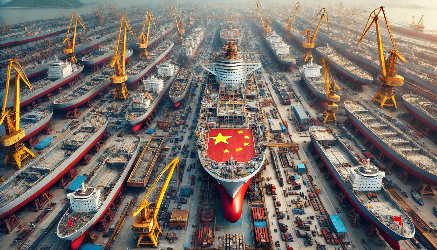 A wide aspect ratio, real-life-like top-down view of a massive Chinese shipyard where numerous ships are being manufactured simultaneously. The scene is bustling with activity, featuring large ships in various stages of construction, with cranes, scaffolding, and workers spread across the shipyard. The ships prominently display imprints of the Chinese flag, with vibrant red and yellow colors and stars. The shipyard is filled with machinery, tools, and parts, creating an industrial atmosphere. The overall scene captures the scale and intensity of the shipbuilding process, showcasing the efficiency and dedication of the workforce.