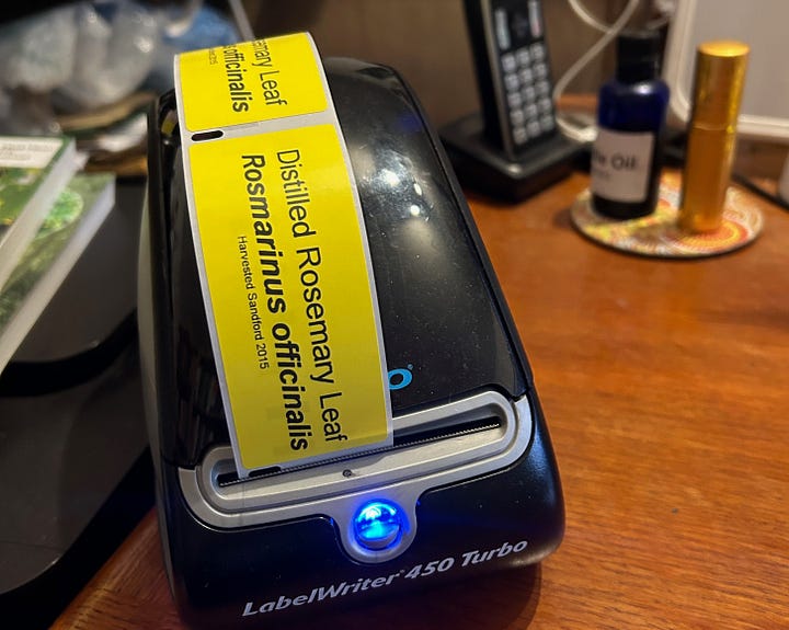 Dymo labels for willow bark powder and distilled rosemary