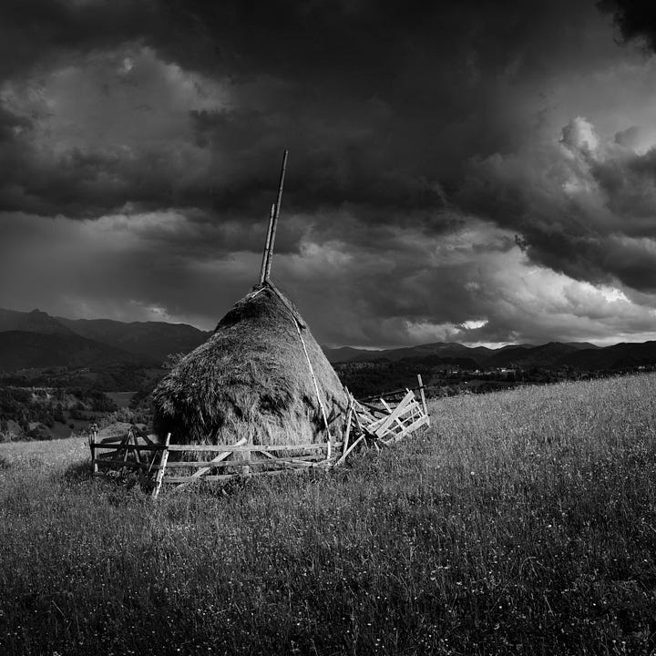 A selection of four images from Romania in black and white, one shows the rural landscape shrouded in mist, the second shows a haystack on a hillside and the other two show a blacksmith and an old man with a magnificent beard 