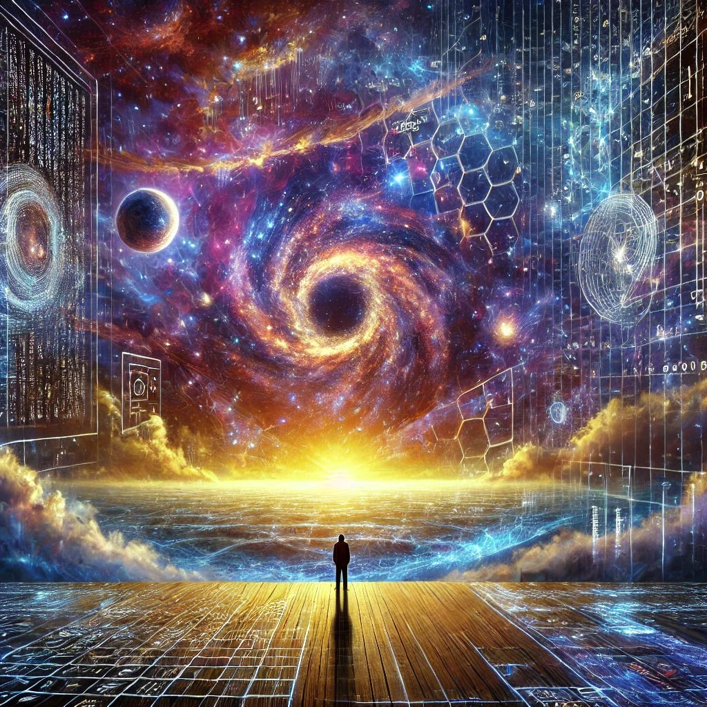 A surreal digital painting depicting the concept of an illusionary universe. The artwork showcases a cosmic scene where the universe appears to be a vast holographic projection, with sections of space and galaxies dissolving into streams of data and mathematical code. A lone observer stands at the edge of this simulated cosmos, gazing into the infinite void, where reality seems to be unraveling. The color palette consists of deep blues, purples, and golden hues, emphasizing a sense of mystery and awe.