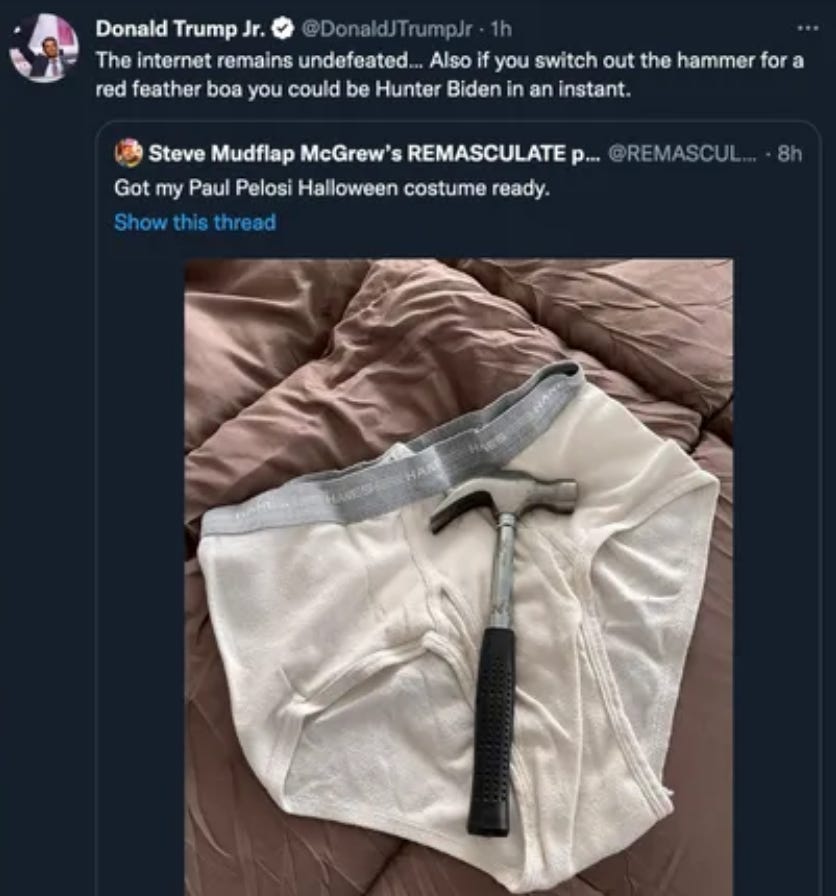 Donald Trump Jr tweet thinks Paul Pelosi hammer attack was hilarious Donald Trump Jr tweet thinks Paul Pelosi hammer attack was hilarious