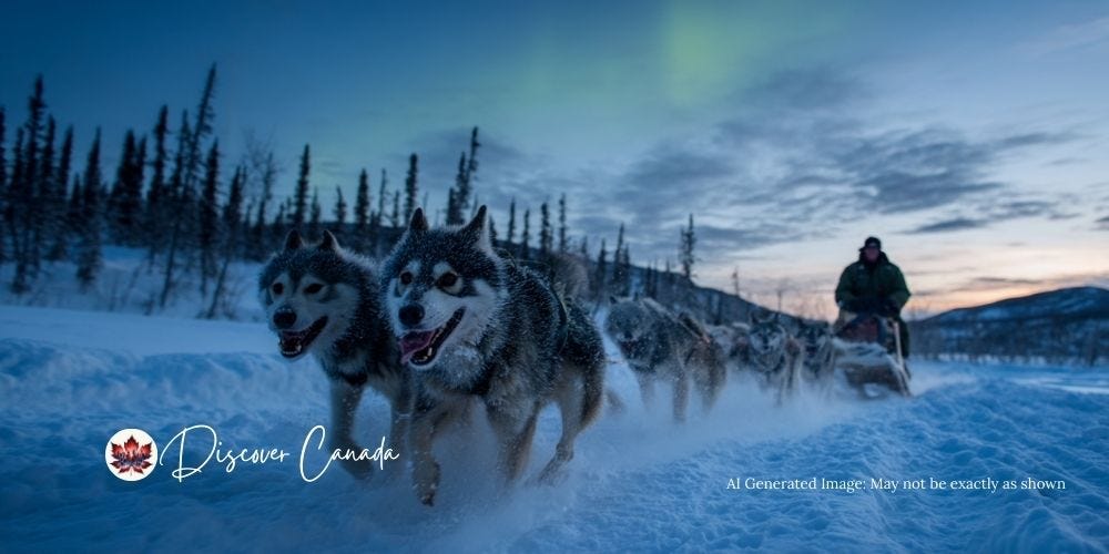 Dog sledding in Canada under the faint glow of the Northern Lights. Dog sledding in Canada under the faint glow of the Northern Lights.