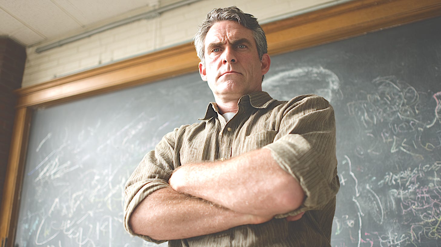 A stern teacher with crossed arms in front of a chalkboard, symbolizing strict, distant, and inconsistent classroom management styles that undermine trust and engagement. A stern teacher with crossed arms in front of a chalkboard, symbolizing strict, distant, and inconsistent classroom management styles that undermine trust and engagement.