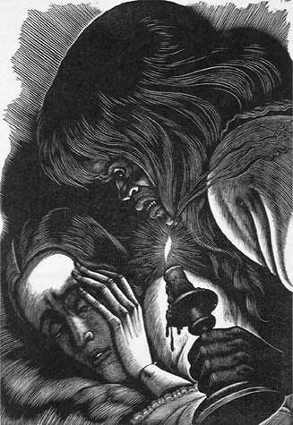 This may contain: a drawing of two people in bed with one holding the other's head and looking down