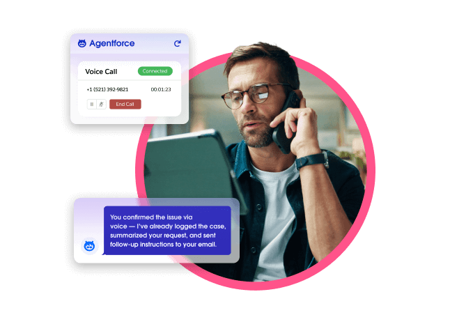 A man on a phone call while Agentforce AI logs and summarizes the case on his tablet.