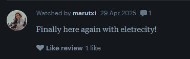 A letterboxd user writes: Finally here again with eletrecity!