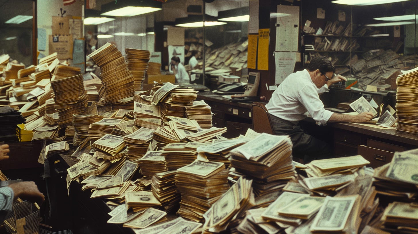 A Wall Street firm overflowing with stock certificates, generative AI