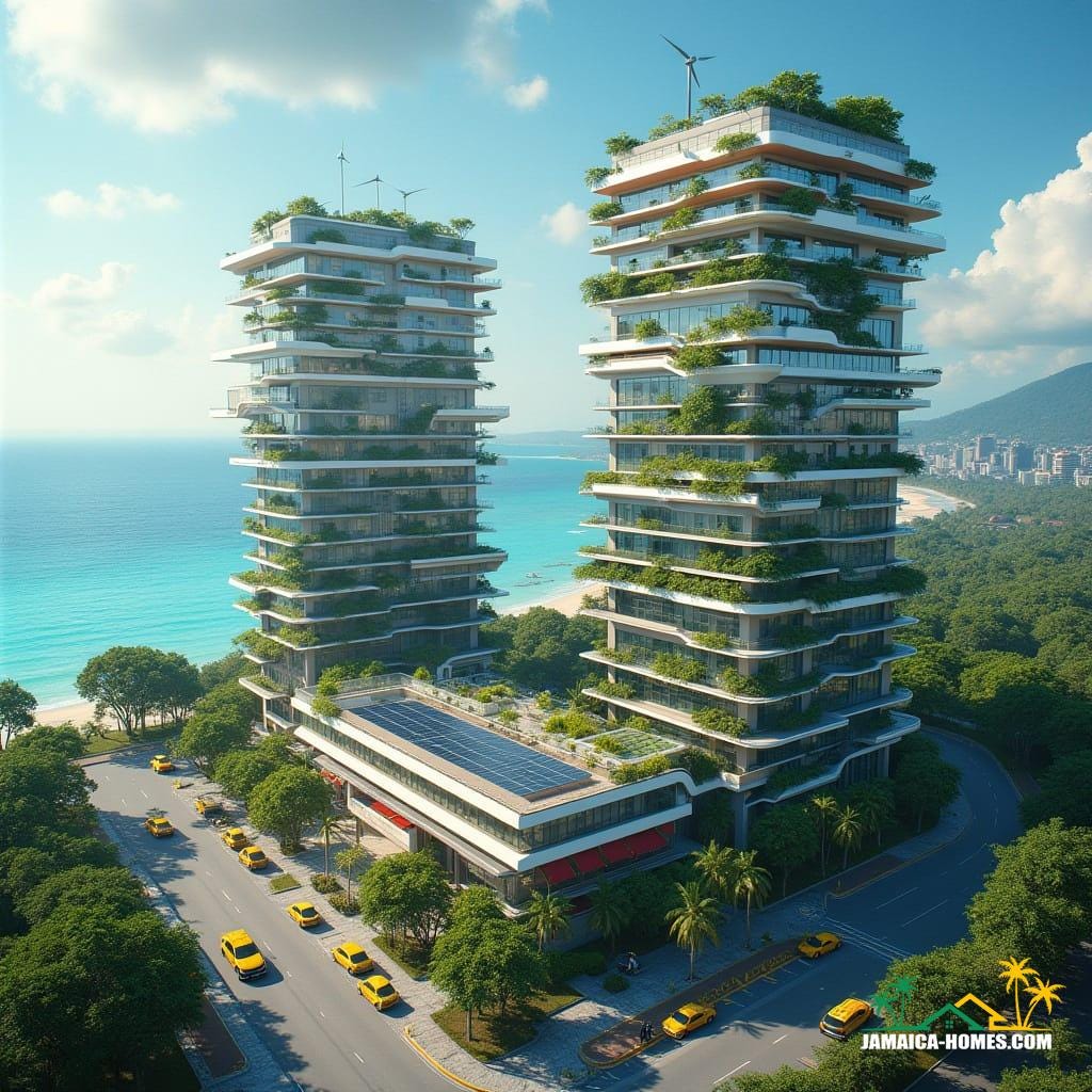 Montego Bay, imagined in 2050: a multi-tower complex pushing the limits of vertical and horizontal living, sky parks and rooftop petrol stations, solar and wind tech integrated into facades