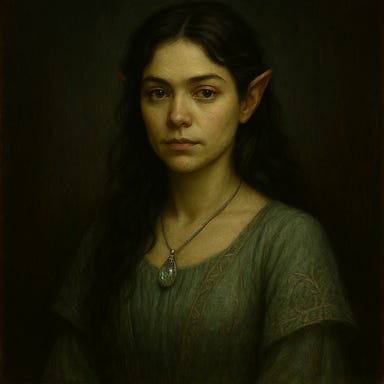 Create a dark fantasy portrait of Silverleaf based on her defined visual palette. She has delicate Elven features with high cheekbones, a softly tapered jaw, and subtly pointed ears. Her large, luminous eyes shimmer in shades of moss green or storm-gray, framed by dark, softly waved hair that falls around her shoulders. Her skin carries a faint moonlit-blue undertone, giving her an ethereal glow. She wears flowing robes in pale green and silver, embroidered with leaf motifs, and a crystal or moonstone pendant at her throat. The atmosphere should evoke a moonlit forest sanctuary or a quiet, sacred glade, with soft starlit shadows and gentle candlelight. Her expression is serene but charged, like a storm held in stillness.