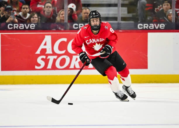 Gavin McKenna of Team Canada skates the puck in the second period against Team Germany of the Group A match during the 2025 IIHF World Junior...