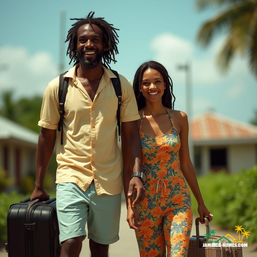 Couple arriving in Jamaica, capturing the joy and emotion of coming home.