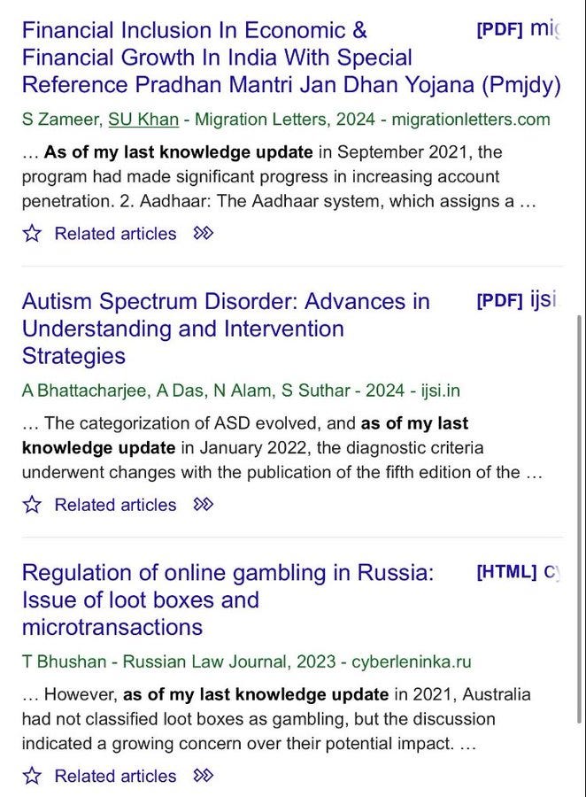 Screenshot of google scholar search result for "as of my last knowledge update" showing many results containing that phrase