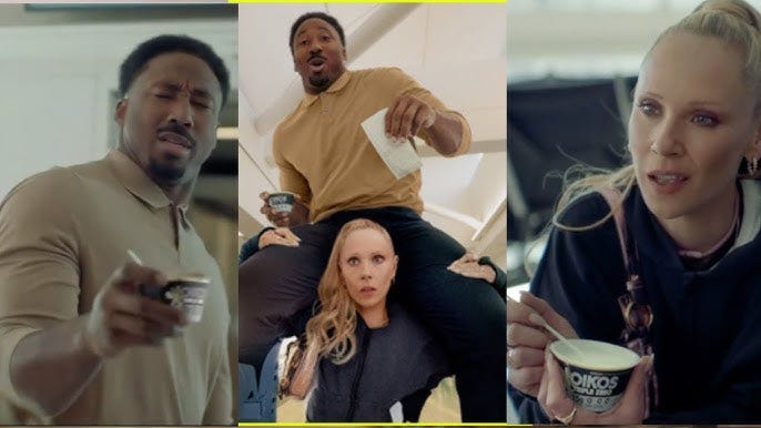 Oikos Super Bowl Commercial 2025 Juno Temple, Myles Garrett Surprising  Strength Ad Review