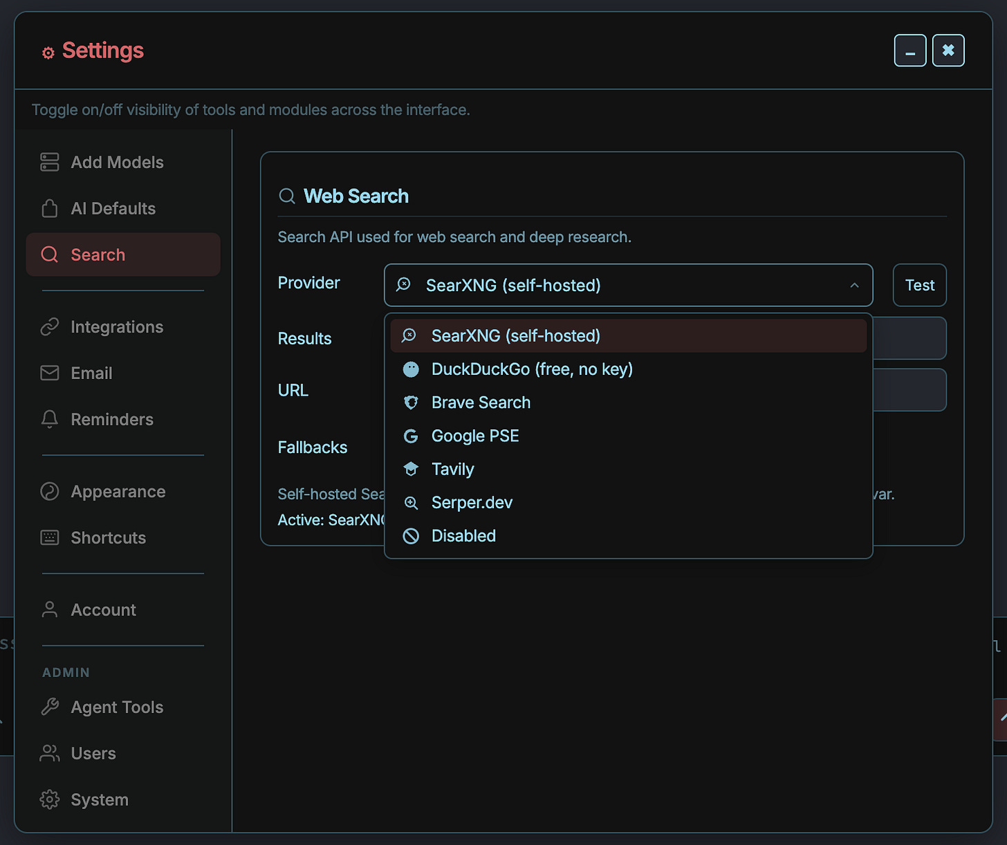 Web search provider settings Web search provider settings