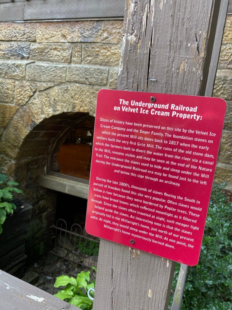 Sign with claim by Velvet Ice Cream Company regarding its property and the Underground Railroad Sign with claim by Velvet Ice Cream Company regarding its property and the Underground Railroad