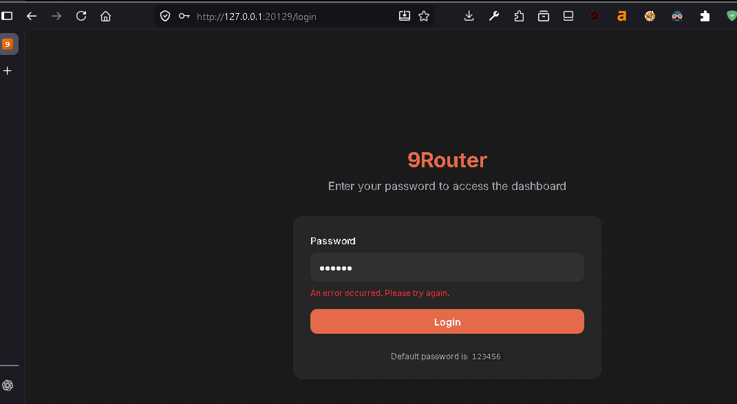 9Router dashboard login screen through the SSH tunnel. 9Router dashboard login screen through the SSH tunnel.