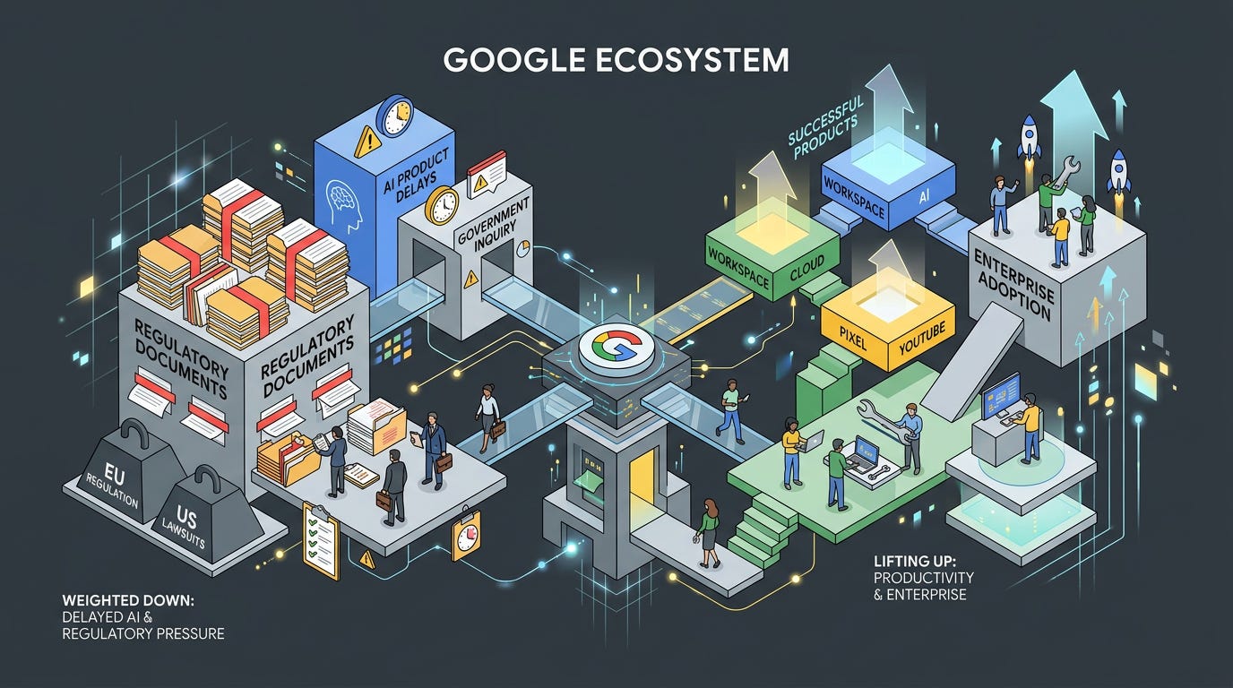 Flat isometric illustration of a giant Google ecosystem balancing on interconnected platforms, one side showing delayed AI launches and regulatory documents weighing it down while the other displays successful productivity products and enterprise adoption lifting upward, tiny engineers and regulators working across both sides simultaneously, Google-inspired blue, yellow, green and graphite grey colour palette, clean vector art style, dark background, modern tech editorial aesthetic. Flat isometric illustration of a giant Google ecosystem balancing on interconnected platforms, one side showing delayed AI launches and regulatory documents weighing it down while the other displays successful productivity products and enterprise adoption lifting upward, tiny engineers and regulators working across both sides simultaneously, Google-inspired blue, yellow, green and graphite grey colour palette, clean vector art style, dark background, modern tech editorial aesthetic.