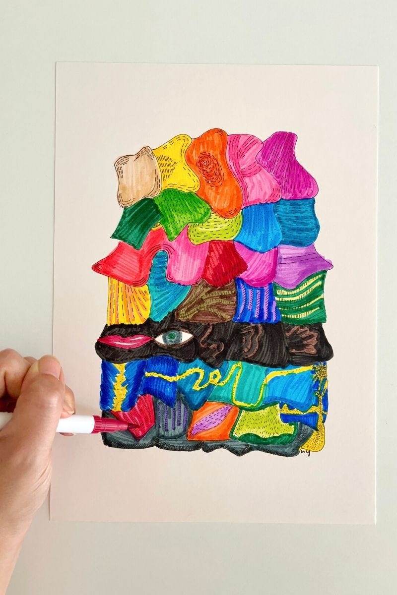 Image: a drawing of irregularly shaped blocks with black outlines and random lines and dots inside the blocks. The blocks are stacked together, forming an overall longish square. Each block has a burst of colours, some with two colours combination. Bright pink, fushia, purple, magenta, orange, yellow, green, dark green, teal, turquoise, royal blue, grey, brown, black. One line of the blocks has an eye, a mouth, a nose, an ear, and a hand. Another line has a bright yellow line weaving horizontally across the multiple blocks. The riot of colours, although different, come together after all—in harmony.