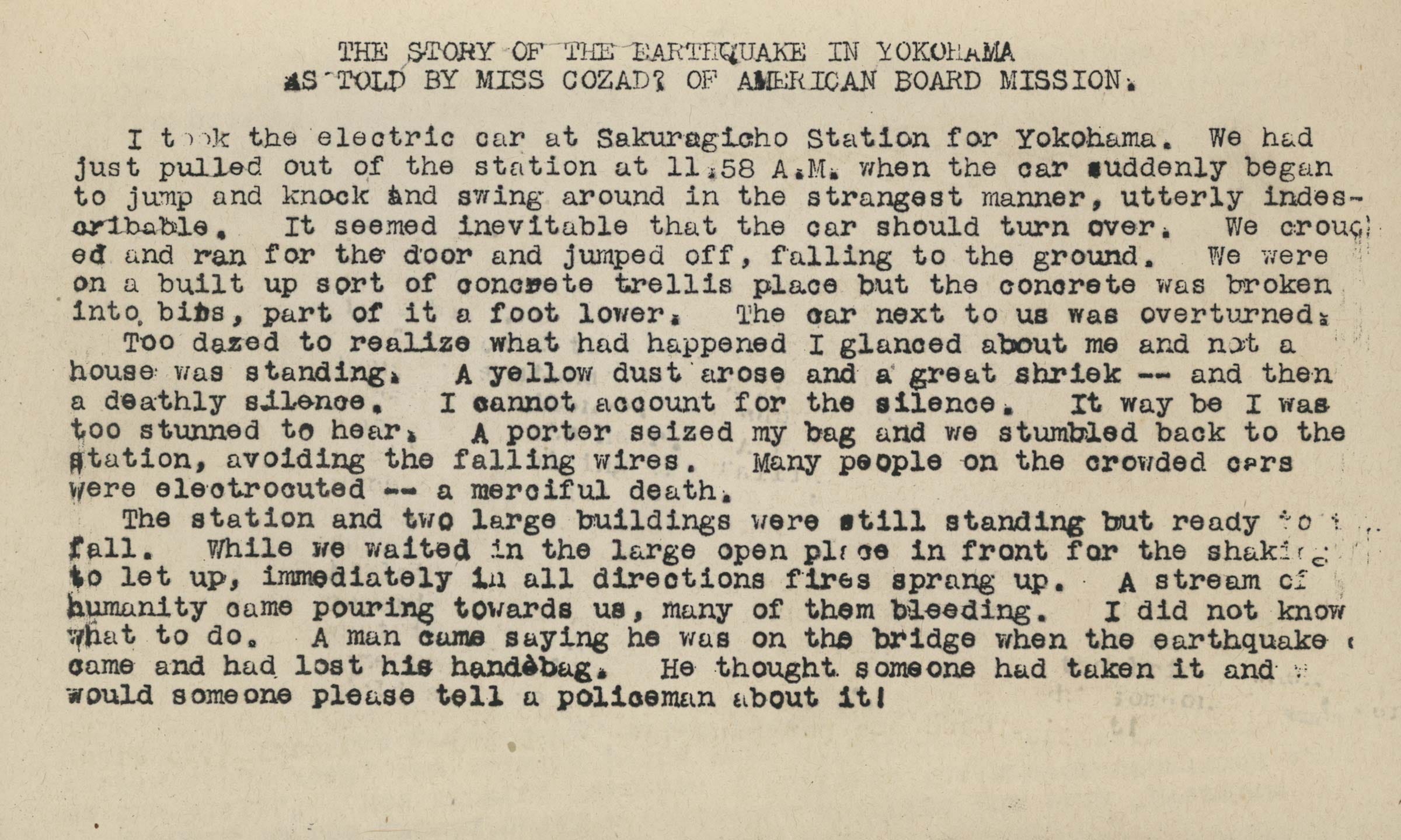 Gertrude Cozad's typed account of the 1923 Great Kantō Earthquake Gertrude Cozad's typed account of the 1923 Great Kantō Earthquake