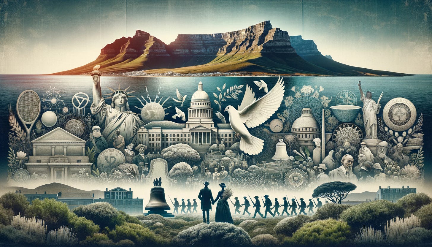 A wide aspect ratio image capturing a tableau of iconic symbols from past independence movements such as the Liberty Bell, the dove of peace, and the Salt March. This historical montage is seamlessly integrated with imagery characteristic of the Western Cape, like the silhouette of Table Mountain and the indigenous fynbos vegetation. The composition avoids any direct representation of national flags or explicit political symbols, focusing instead on universal icons of liberty and the natural beauty of the Cape, signifying the region's unique narrative within the context of global independence movements.
