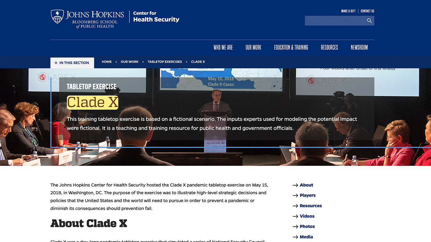 Screenshot of the Johns Hopkins Bloomberg School of Public Health webpage for the 2018 Clade X pandemic simulation exercise, which modeled a bioweapon pandemic and government response.