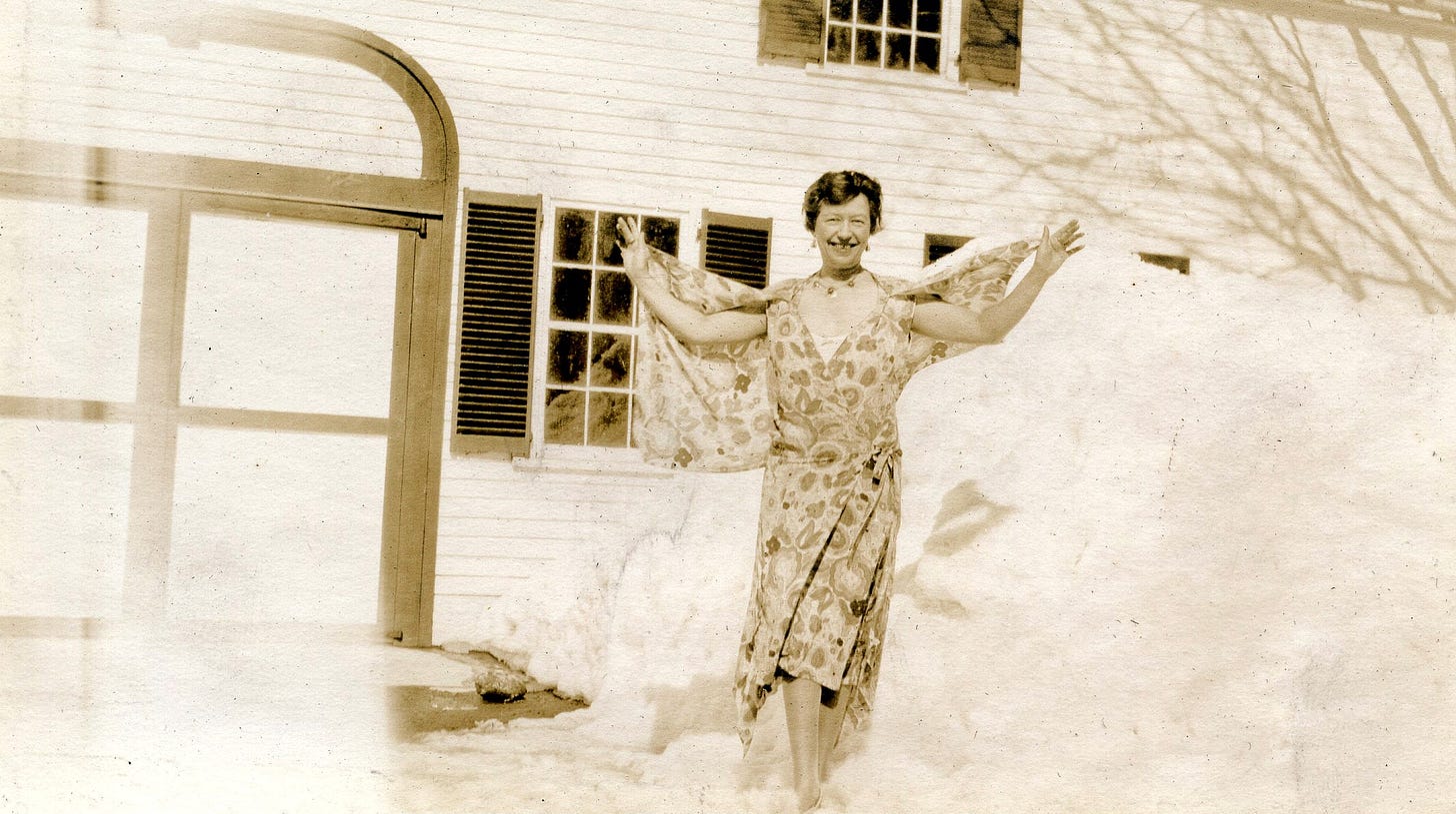 Lala Barr in a dress on a snowy day